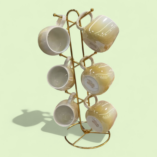 Addox ceramic cup set in gradient colour with golden PVD coated cup stand