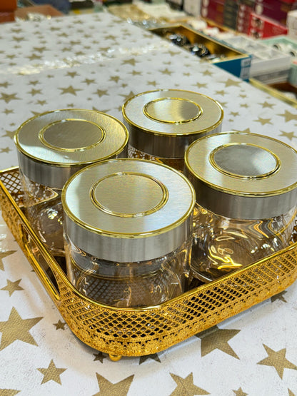 Delightful golden-steel-glass dry fruit tray set.