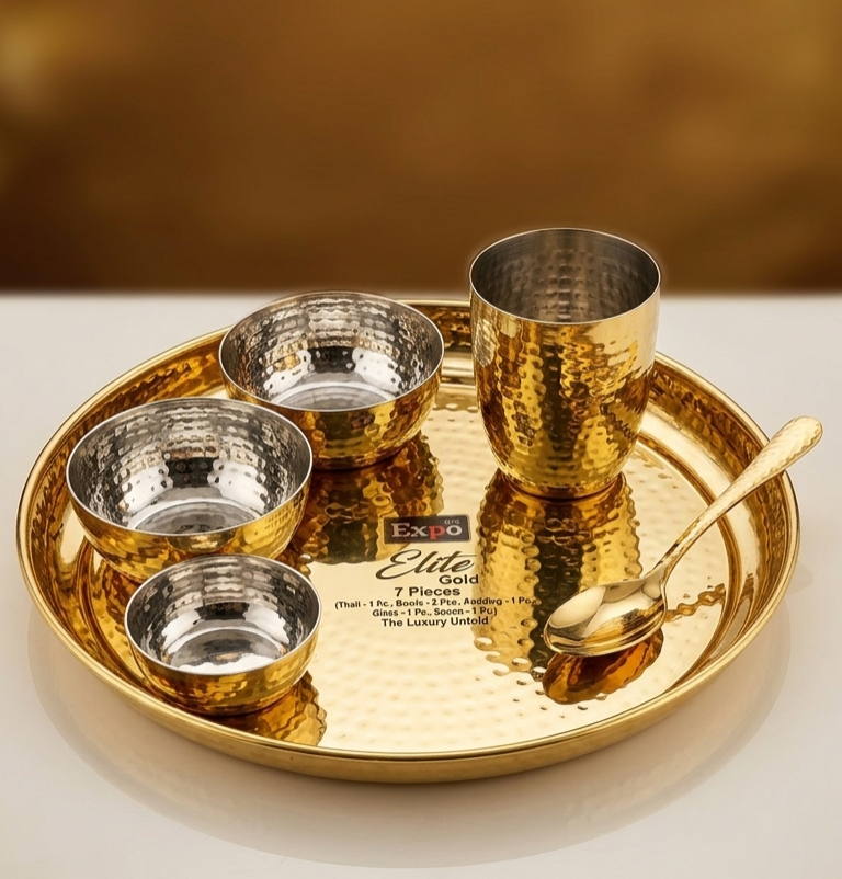 Expo Elite Hammered Gold 7-Piece Luxury Dinner Set – Stainless Steel & Brass Finish