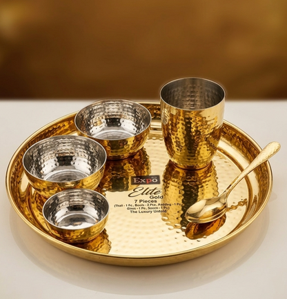 Expo Elite Hammered Gold 7-Piece Luxury Dinner Set – Stainless Steel & Brass Finish