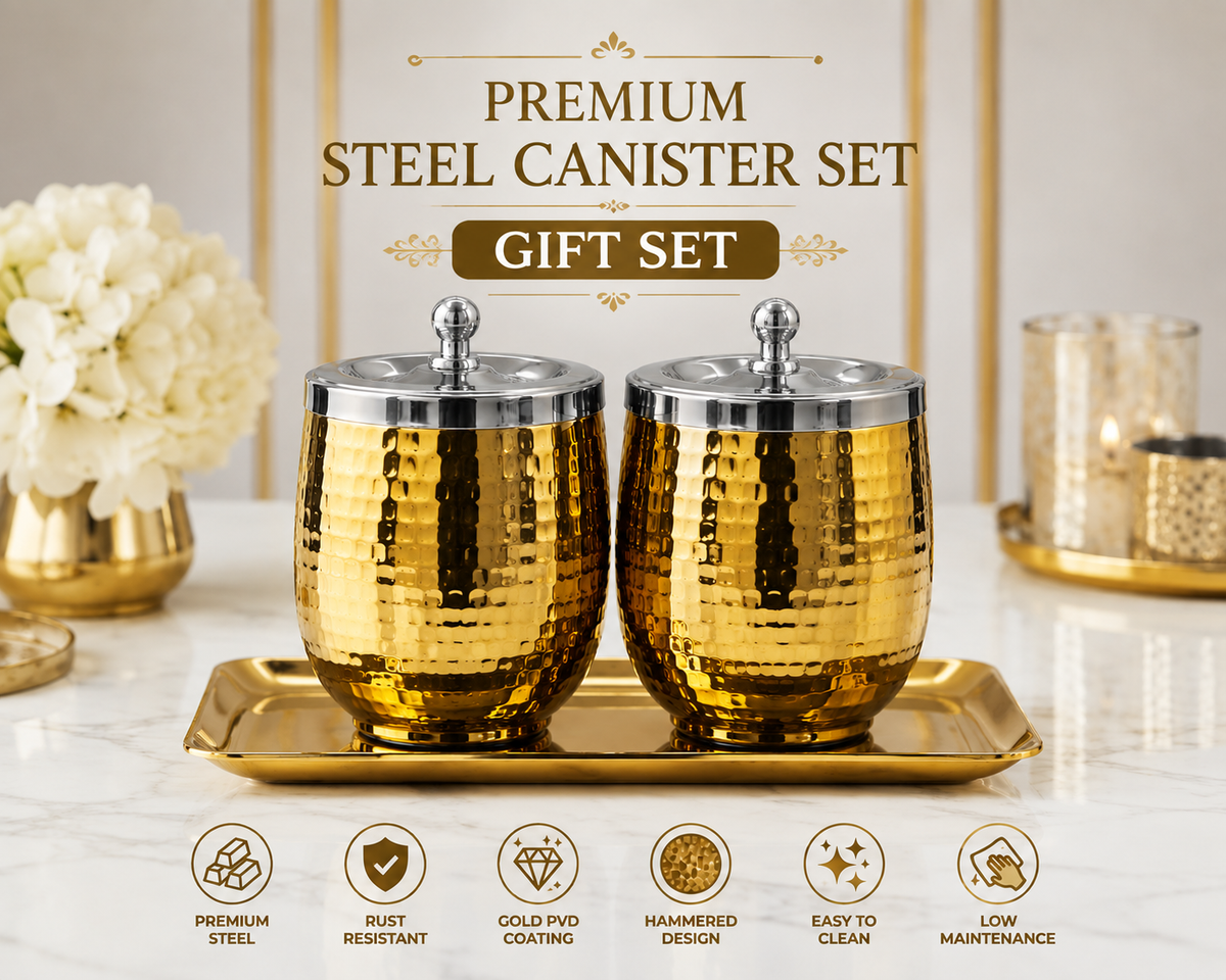 Premium Gold PVD Coated Stainless Steel Canister Set with Tray | Luxury Kitchen Storage & Gift Set
