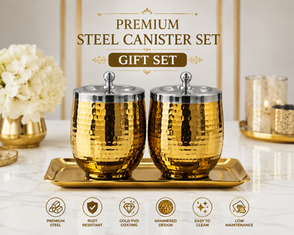 Premium Gold PVD Coated Stainless Steel Canister Set with Tray | Luxury Kitchen Storage & Gift Set