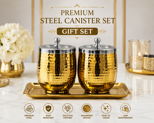 Premium Gold PVD Coated Stainless Steel Canister Set with Tray | Luxury Kitchen Storage & Gift Set