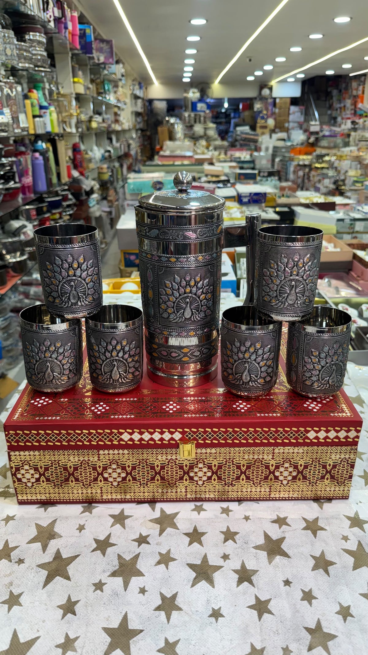 Peacock Meenakari Steel Jug with Lid and 6 Glass Set - Pure Stainless Steel