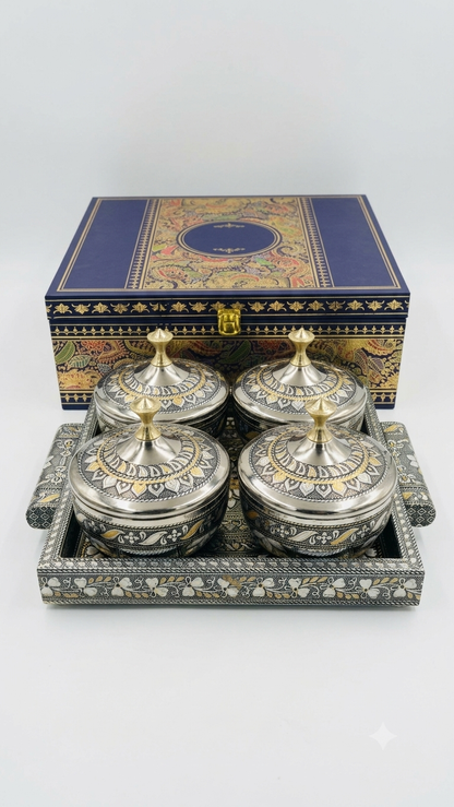 Royal Antique Meenakari 4-Jar Stainless Steel Dry Fruit Box & Tray Set (Luxury Gift Box)