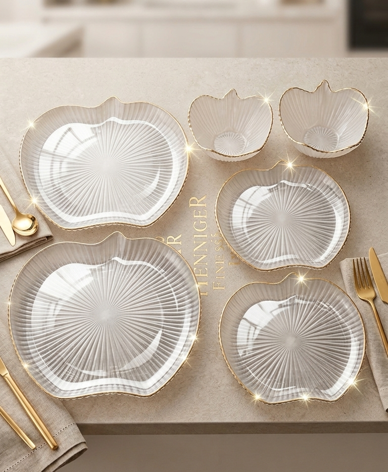 Luxurious Apple-Shaped 10-Piece Glass Platter & Snack Set (Gold Rim Finishing)