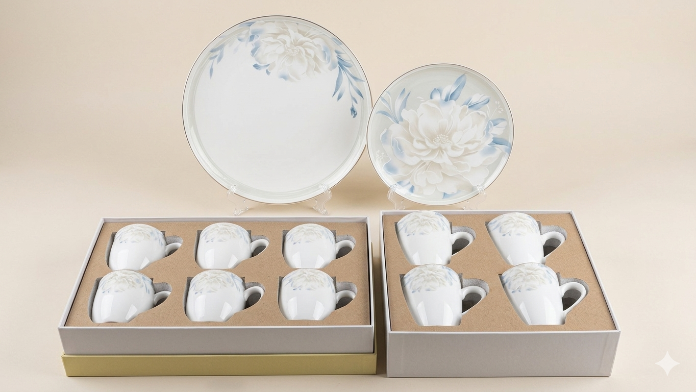 Lemon tree - Floral Ceramic Sip & Serve Essentials - Set Of 4 Mugs, 6 coffee & (6+1) Snack Plates