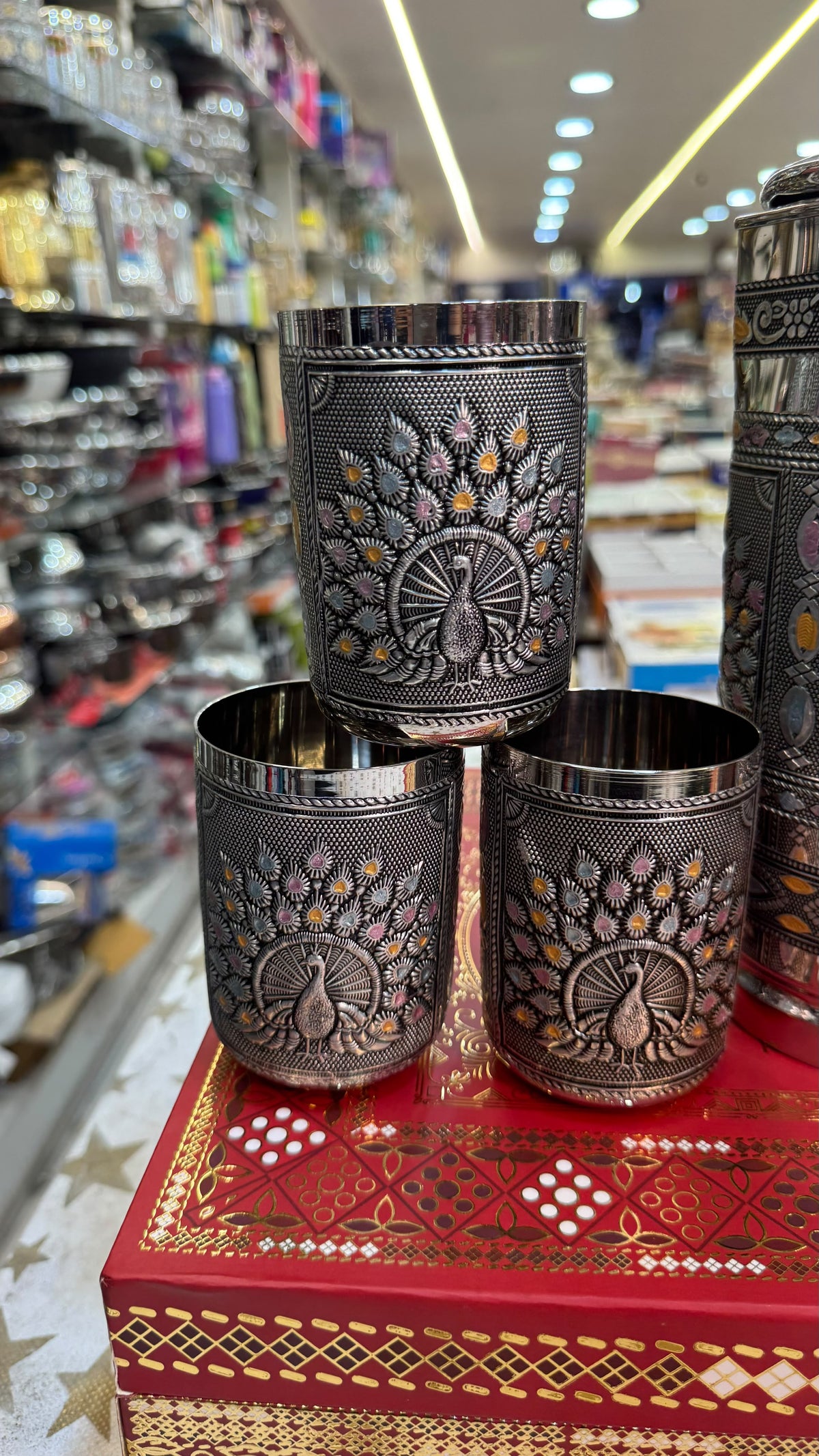 Peacock Meenakari Steel Jug with Lid and 6 Glass Set - Pure Stainless Steel