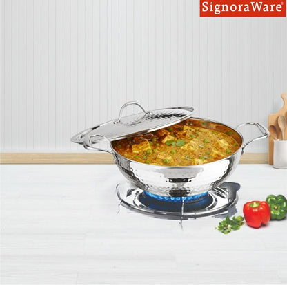 Signoraware Artista Tri Ply Stainless Steel Hammered Deep Kadhai with Steel Lid | Even Heat Distribution | Ideal for Deep Frying & Daily Indian Cooking Needs