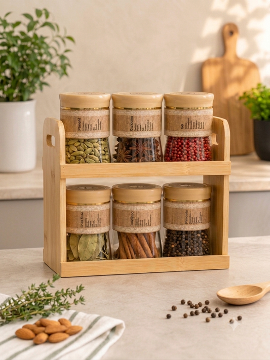 2-Tier Pure Bamboo Kitchen Storage Rack with 6 Glass Spice Jars