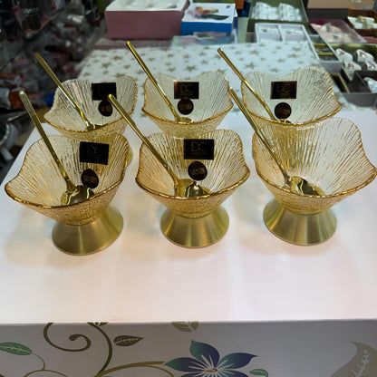 HI-LUXE Premium Glass Ice Cream Bowls Set with Golden PVD Coated Base & Spoons (Set of 6)