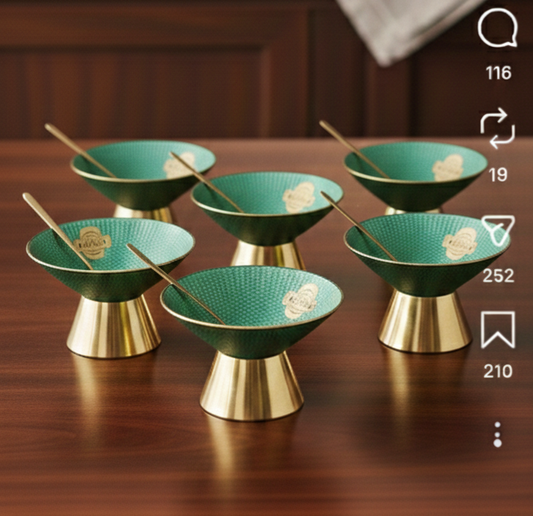 Hi-Lux Premium Green Glass Dessert Bowl Set – 6 Bowls with 6 golden Spoons