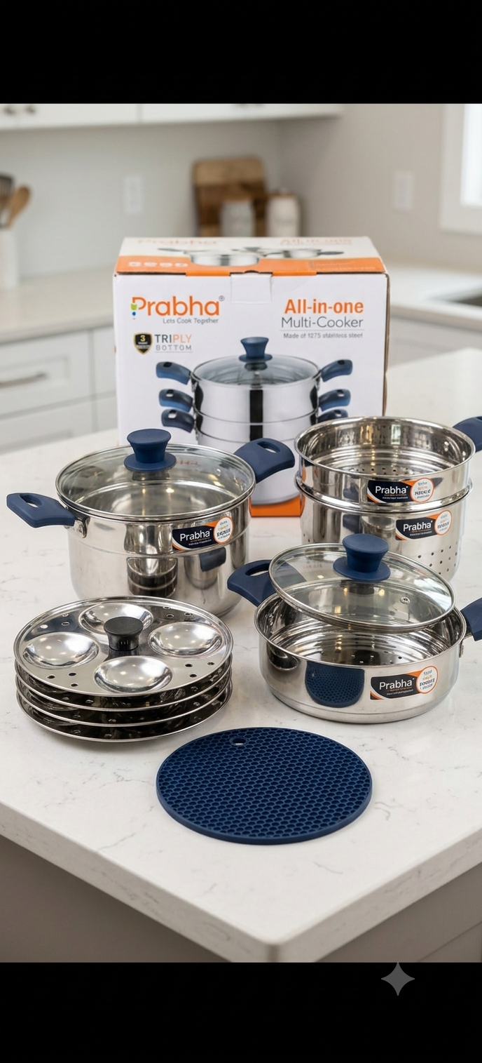 Prabha All-in-One Stainless Steel Multi-Cooker, Rice Cooker, Steamer & Idli Maker Set with Triply Bottom & Heat-Resistant Handles