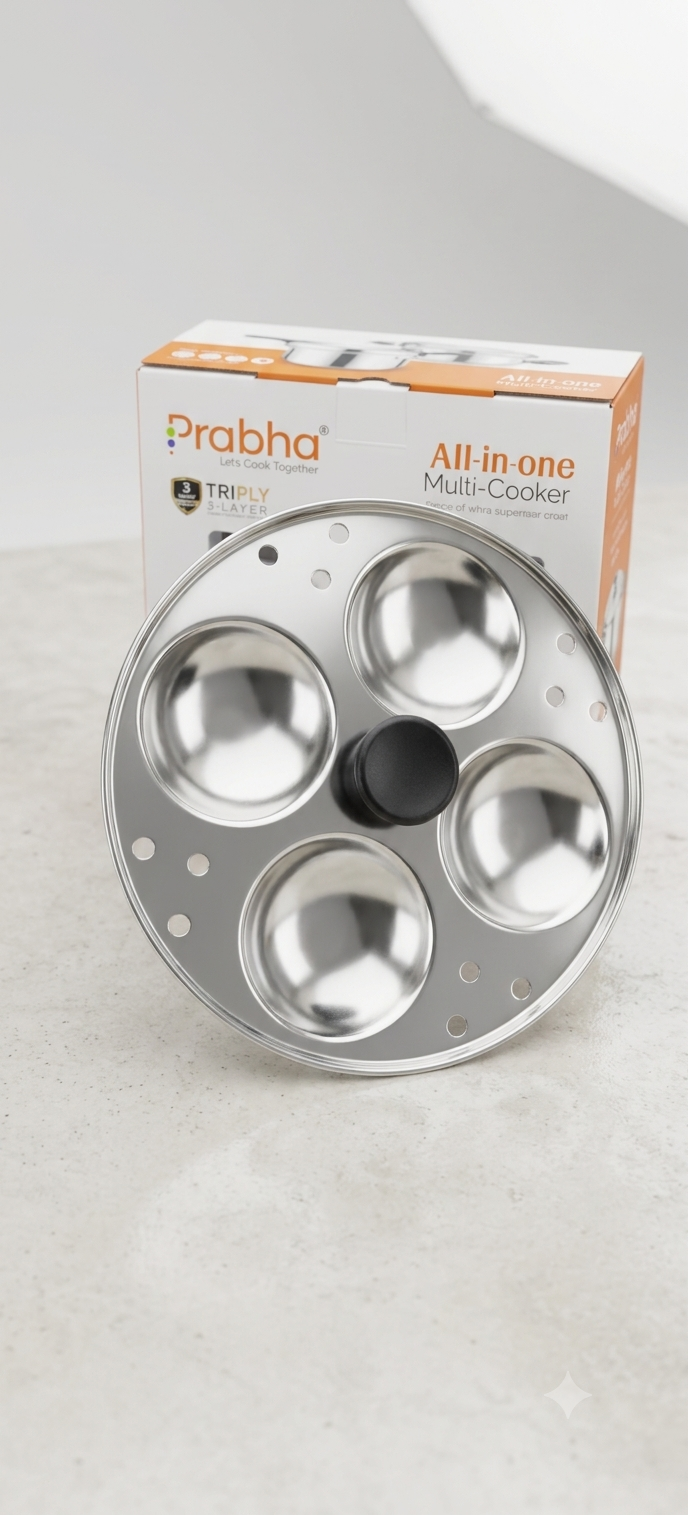 Prabha All-in-One Stainless Steel Multi-Cooker, Rice Cooker, Steamer & Idli Maker Set with Triply Bottom & Heat-Resistant Handles