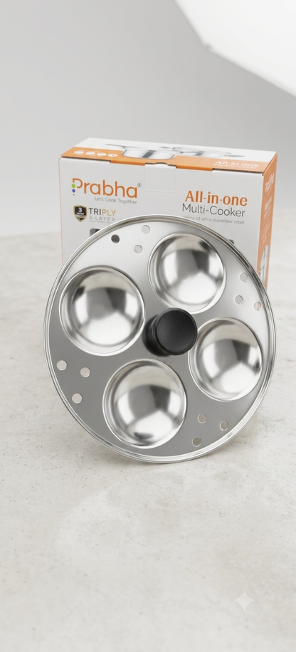 Prabha All-in-One Stainless Steel Multi-Cooker, Rice Cooker, Steamer & Idli Maker Set with Triply Bottom & Heat-Resistant Handles