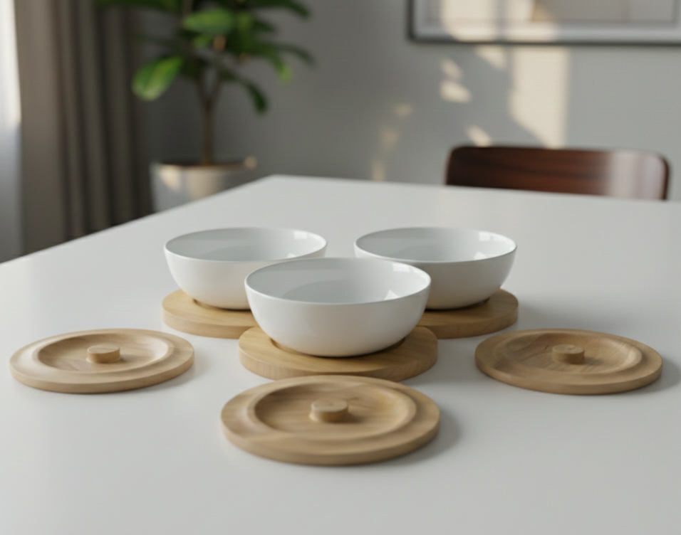 Trio of Ceramic Bowls with lids on woody tray