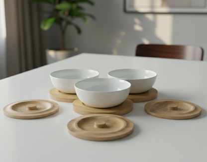 Trio of Ceramic Bowls with lids on woody tray