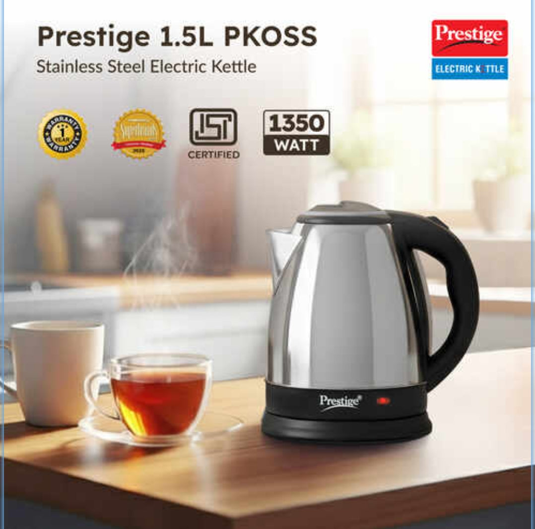 Prestige PKOSS Stainless Steel Electric Kettle 1.5L | 1500W | (Silver)