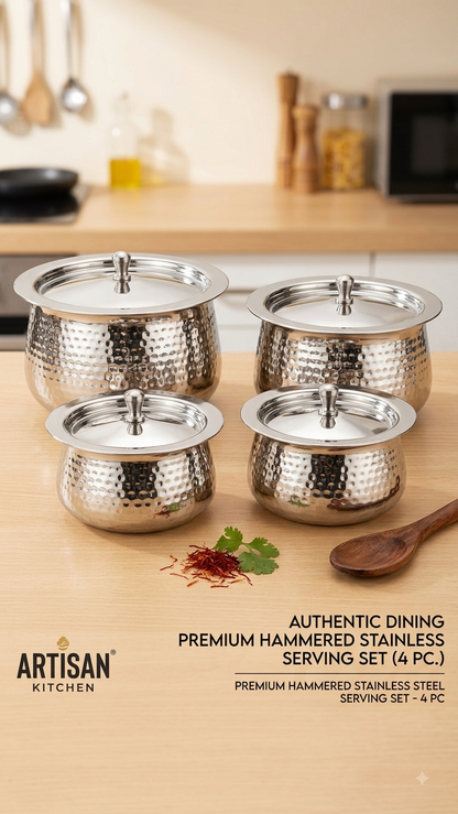 Premium Stainless Steel Hammered Donga / Handi Set with Lids – Traditional Serving Pot Set