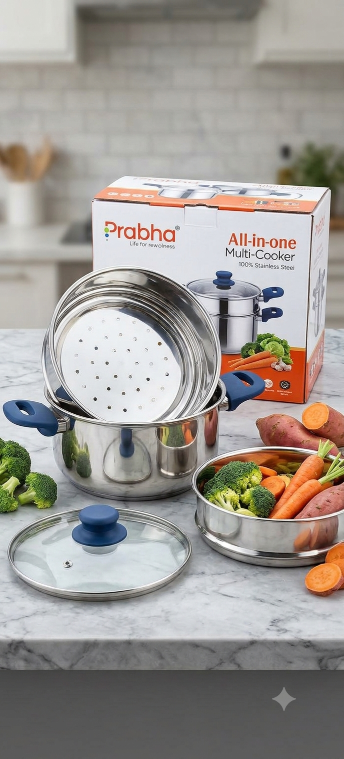 Prabha All-in-One Stainless Steel Multi-Cooker, Rice Cooker, Steamer & Idli Maker Set with Triply Bottom & Heat-Resistant Handles