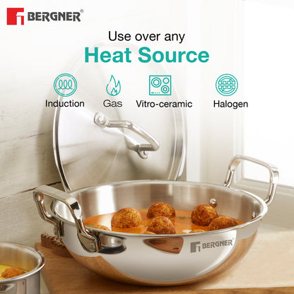Bergner TriPro 4-Piece Triply Stainless Steel Cookware Set | 2L Kadai, 1L Frypan, 1.1L Teapan with Common Lid | Induction Compatible & Dishwasher Safe