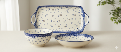 Decopride 10pc ceramic service set with Blue Floral Print Serving Plates