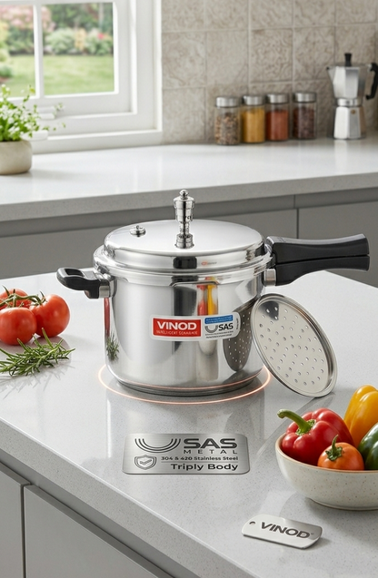 Vinod Platinum Triply Stainless Steel Pressure Cooker – SAS Technology Outer Lid Cooker | Gas & Induction Friendly with Steaming Grid