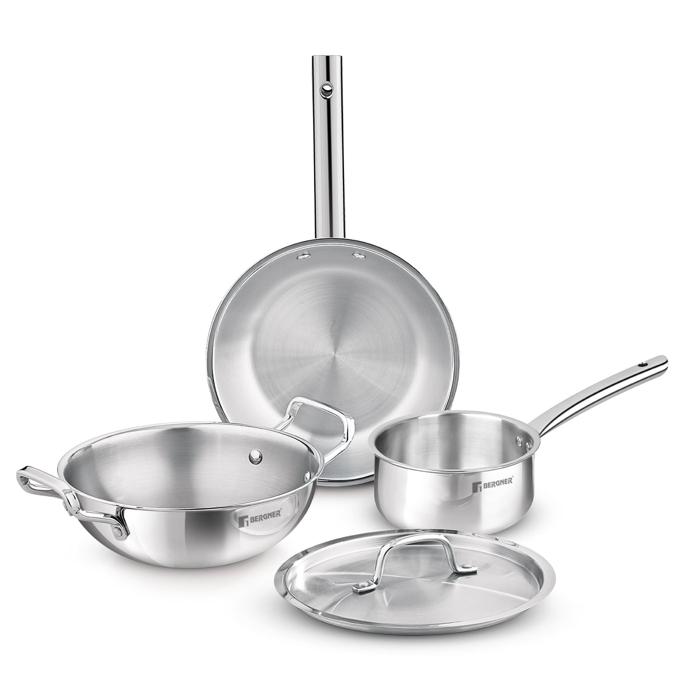 Bergner TriPro 4-Piece Triply Stainless Steel Cookware Set | 2L Kadai, 1L Frypan, 1.1L Teapan with Common Lid | Induction Compatible & Dishwasher Safe