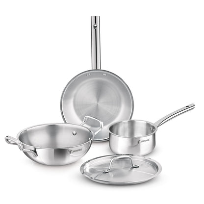 Bergner TriPro 4-Piece Triply Stainless Steel Cookware Set | 2L Kadai, 1L Frypan, 1.1L Teapan with Common Lid | Induction Compatible & Dishwasher Safe