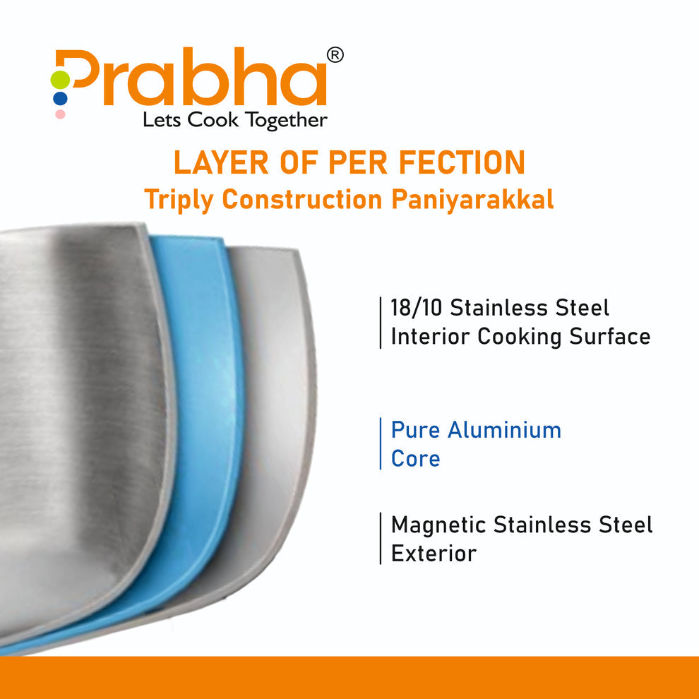 Prabha Amber Tri-ply Stainless Steel Stick-Resistant Paniyarakal With 14 Pits (26cm Diameter)-Induction Bottom