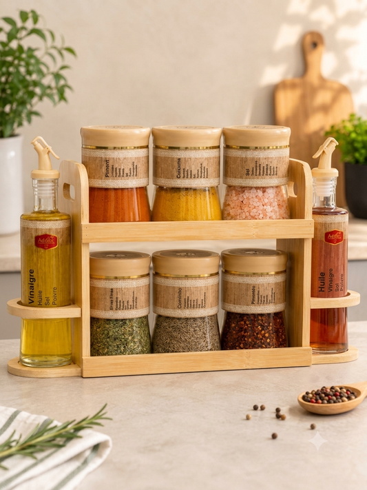 2-Tier Pure Bamboo Kitchen Organizer Set | 6 Glass Spice Jars & 2 Oil Dispenser Bottles