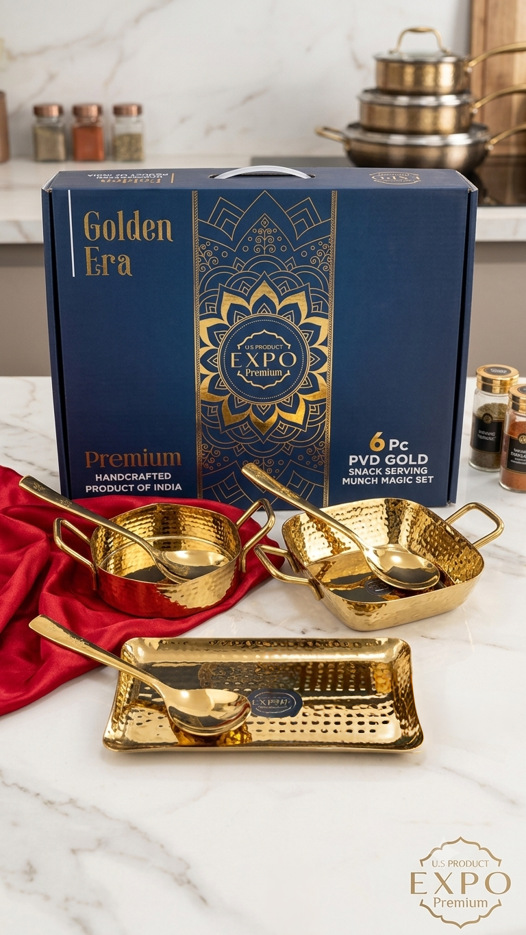 Premium Golden Era 6-Piece Handcrafted PVD Gold Stainless Steel Snack Serving Set
