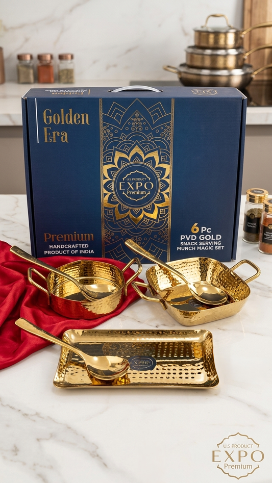 Premium Golden Era 6-Piece Handcrafted PVD Gold Stainless Steel Snack Serving Set