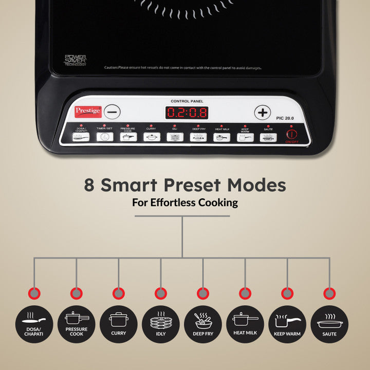 Prestige PIC 20 NEO Induction Cooktop 1600W|Indian Menu Options| Automatic Voltage Regulator| Timer with user pre-set