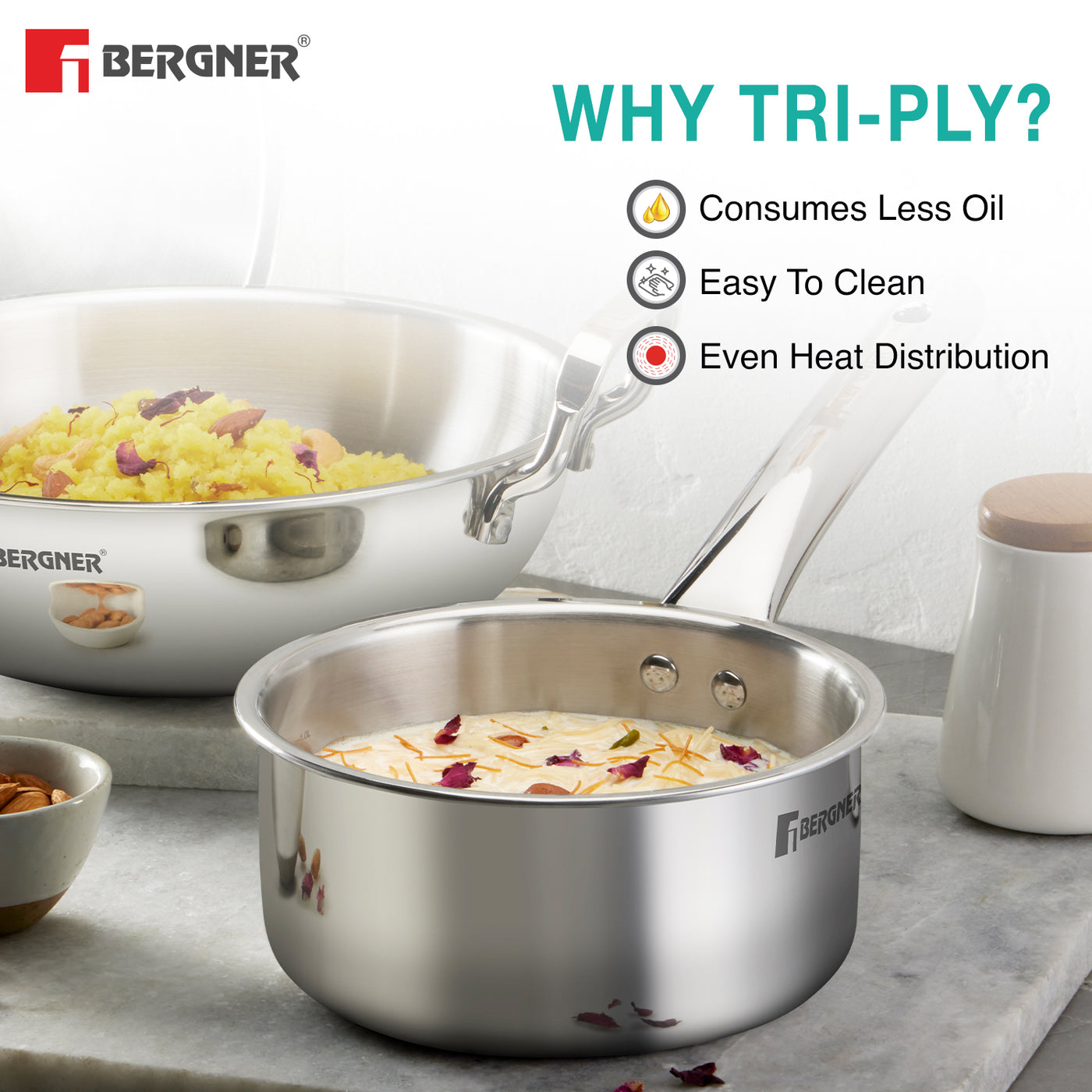 Bergner TriPro 4-Piece Triply Stainless Steel Cookware Set | 2L Kadai, 1L Frypan, 1.1L Teapan with Common Lid | Induction Compatible & Dishwasher Safe