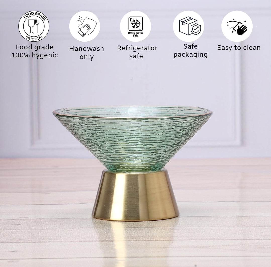 Hi-Lux Premium Green Glass Dessert Bowl Set – 6 Bowls with 6 golden Spoons