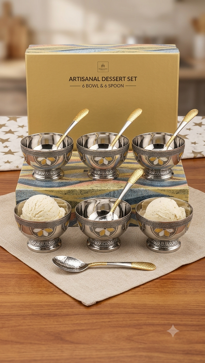 Handcrafted Etched Stainless Steel Ice Cream Bowl with Spoon | Luxury Dessert Set