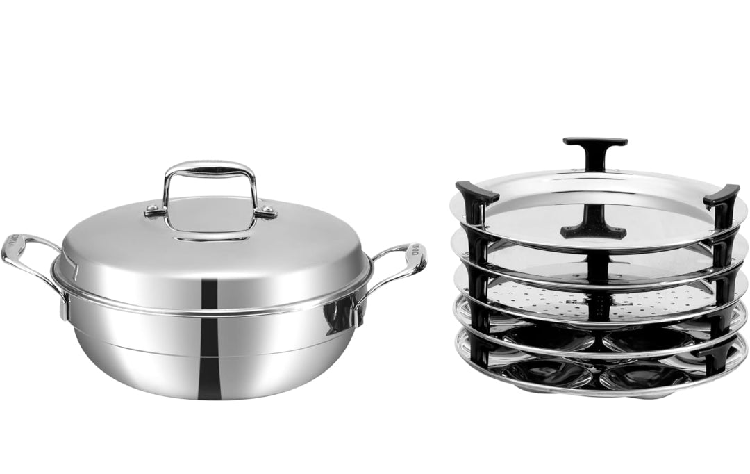 Vinod Platinum Triply Stainless Steel Multi kadai- Idli, Dhokla, Patra, Momo, Modak, steamer