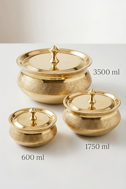 Hand-Etched Pure Brass Handi Set with Lids | Traditional Handcrafted Pital Cookware & Serveware (600ml, 1750ml, 3500ml)
