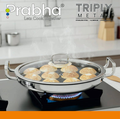 Prabha Amber Tri-ply Stainless Steel Stick-Resistant Paniyarakal With 14 Pits (26cm Diameter)-Induction Bottom