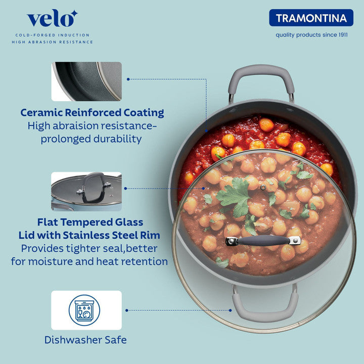 Tramontina Velo Forged with Ceramic Reinforced Interior Kadai | Silicone Grip Handles | Gas/Induction | Sea Blue