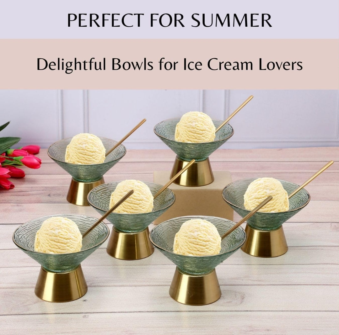 Hi-Lux Premium Green Glass Dessert Bowl Set – 6 Bowls with 6 golden Spoons