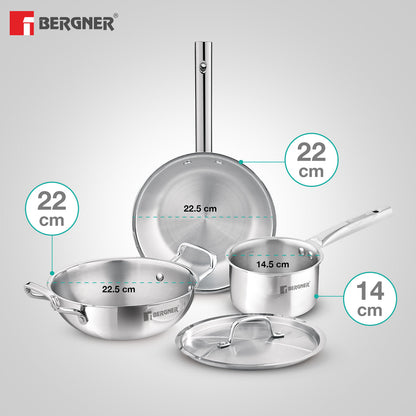 Bergner TriPro 4-Piece Triply Stainless Steel Cookware Set | 2L Kadai, 1L Frypan, 1.1L Teapan with Common Lid | Induction Compatible & Dishwasher Safe