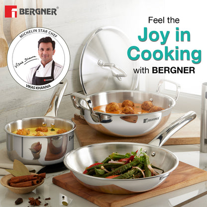 Bergner TriPro 4-Piece Triply Stainless Steel Cookware Set | 2L Kadai, 1L Frypan, 1.1L Teapan with Common Lid | Induction Compatible & Dishwasher Safe